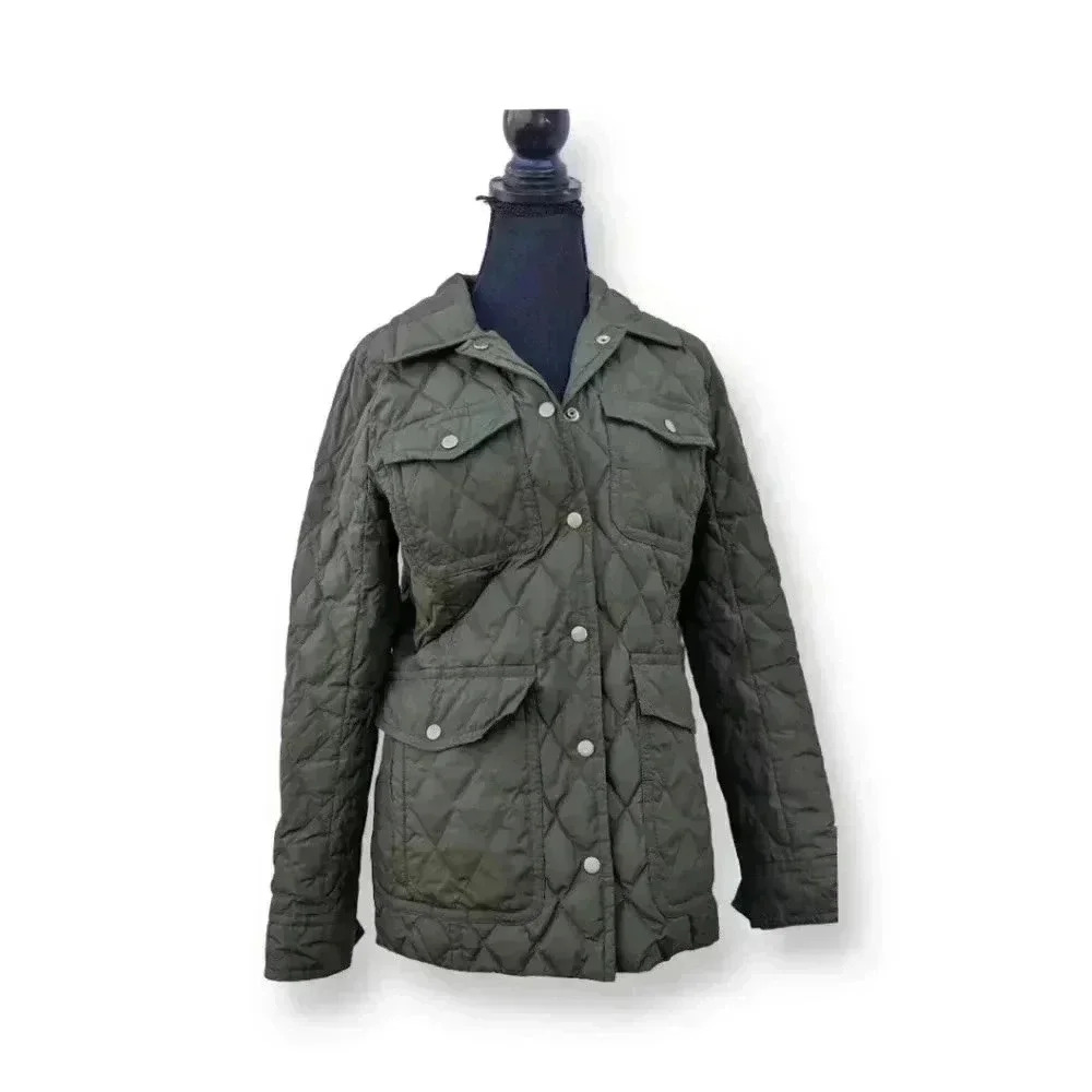 J. Crew Women's Army Green Quilted Lightweight Small Jacket Gold Hardware Button